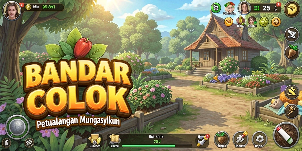 Tampilan grafis penuh warna dari gameplay BANDARCOLOK yang melibatkan berkebun.