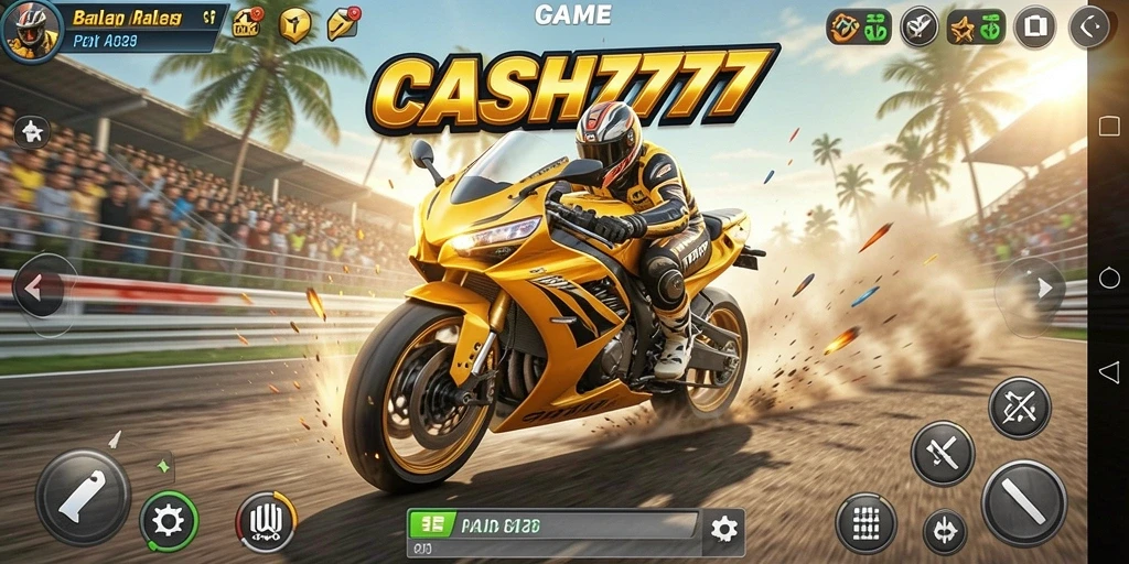 Gameplay intens CASH777 dengan balapan motor yang seru.
