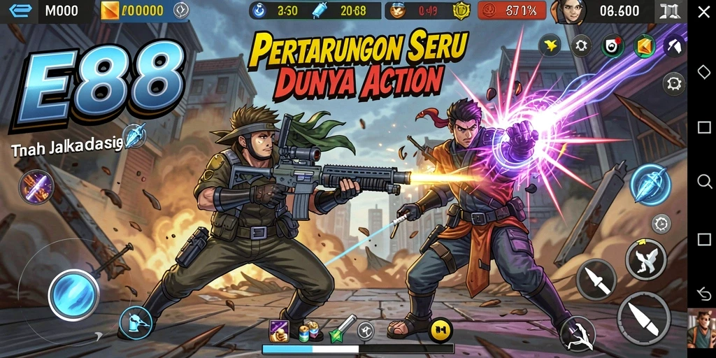 Tampilan gameplay E88 yang dinamis dan mendebarkan saat bertarung.