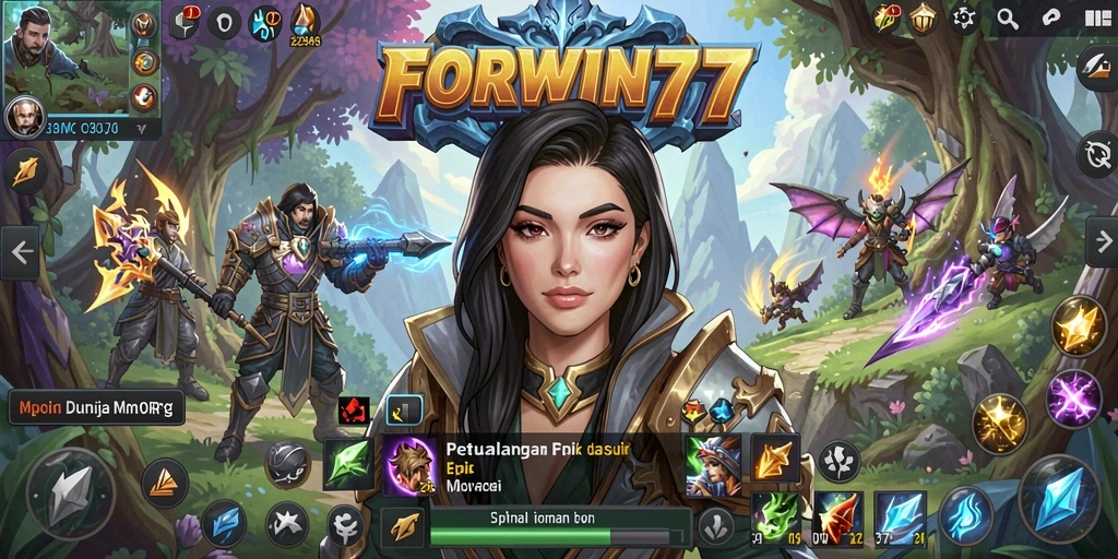 Tangkapan layar utama FORWIN77 menunjukkan aksi pertarungan MMORPG yang mendebarkan.