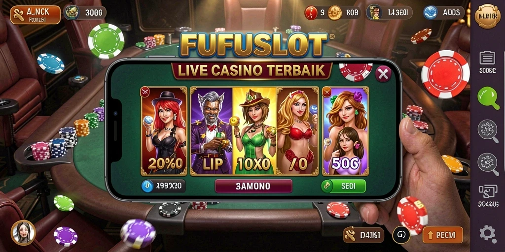 Tampilan gameplay FUFUSLOT dengan dealer langsung dalam suasana kasino.