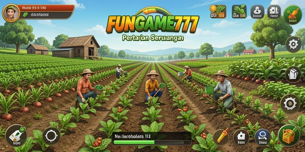 Screenshot FUNGAME777 menunjukkan pemain merawat tanaman dan hewan di ladang.