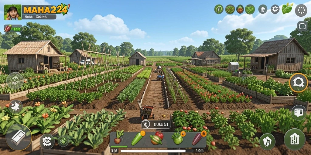 Tampilan gameplay MAHA24 dengan suasana pertanian yang alami.