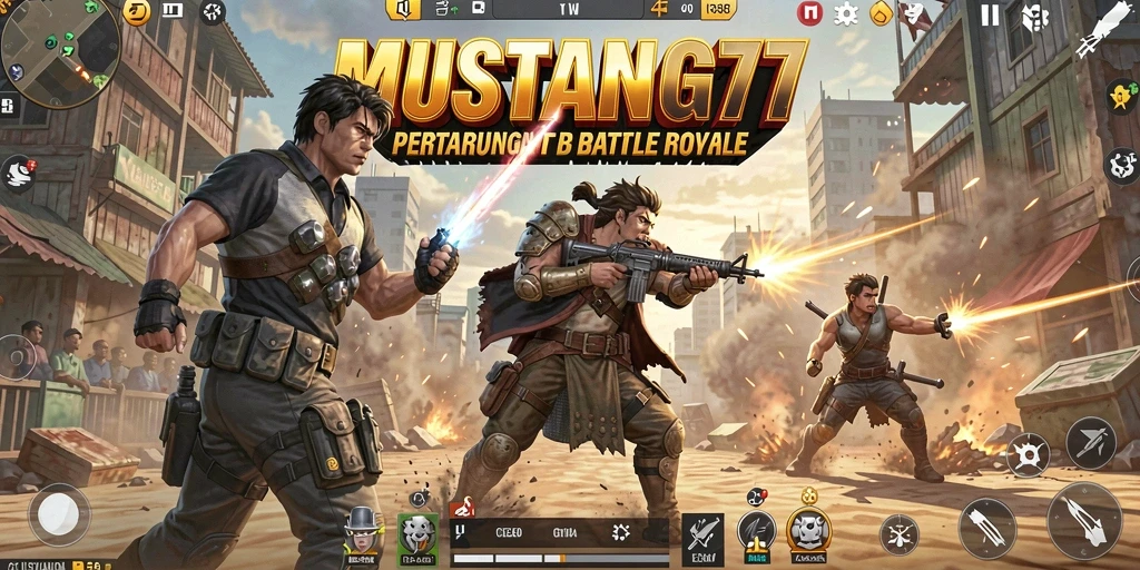 Tampilan utama gameplay MUSTANG77 yang penuh aksi Battle Royale.